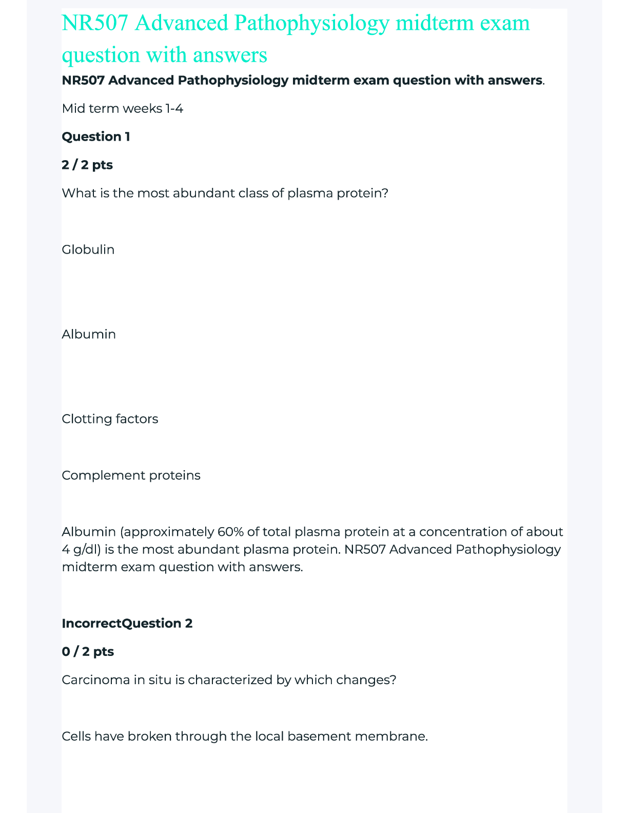 NR507 Advanced Pathophysiology midterm exam Revised