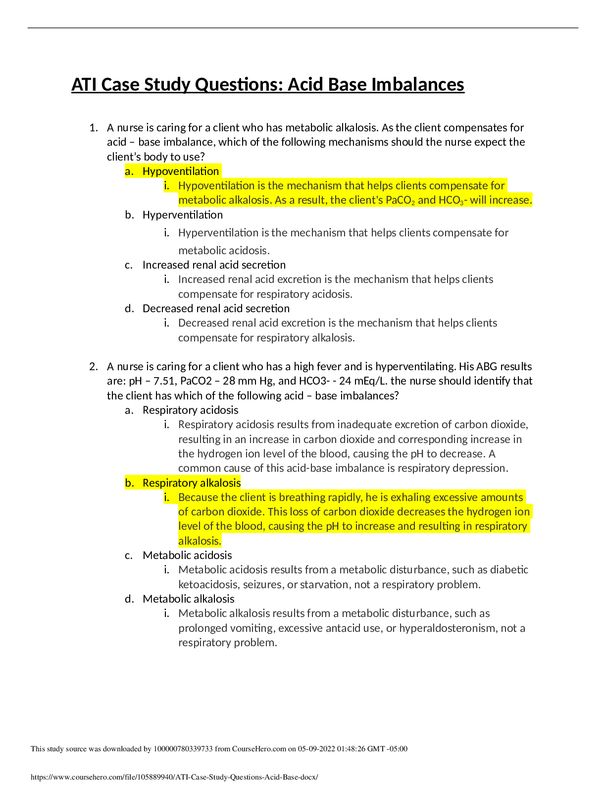 ATI Case Study Questions  Acid Base Imbalances