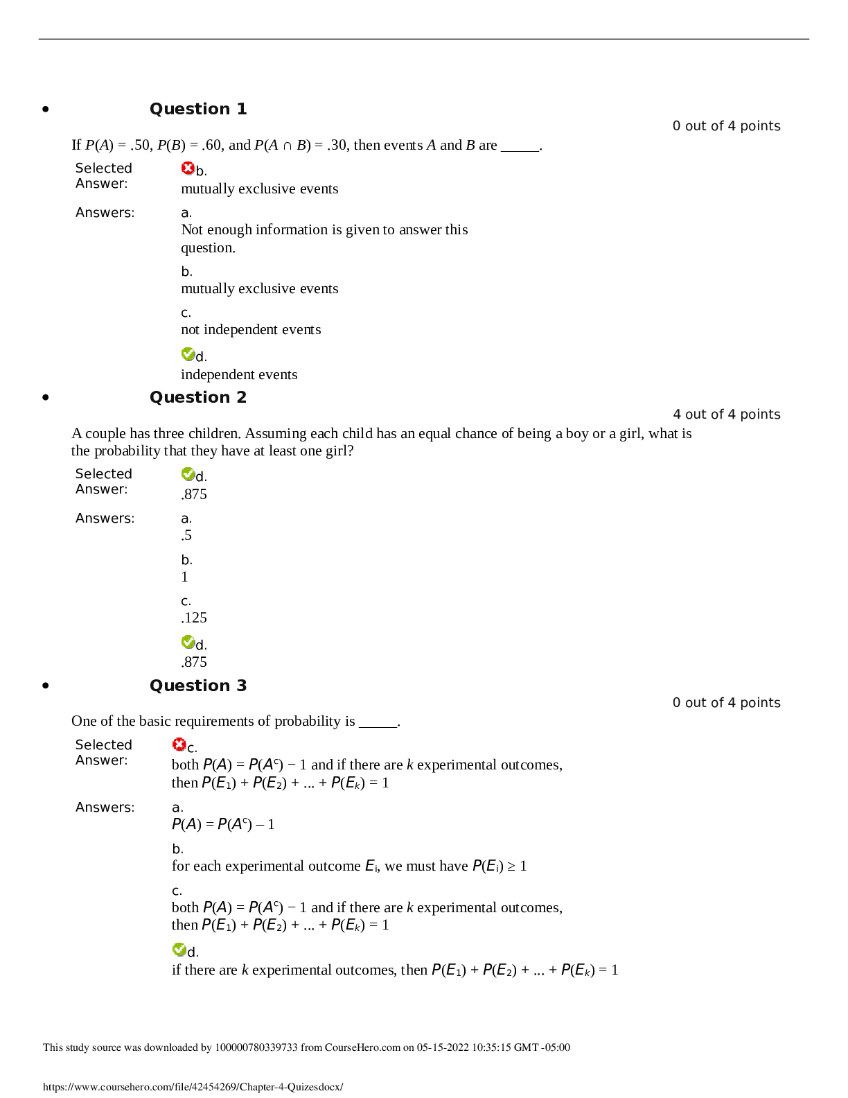 Chapter 4 quizes probability and Statistics
