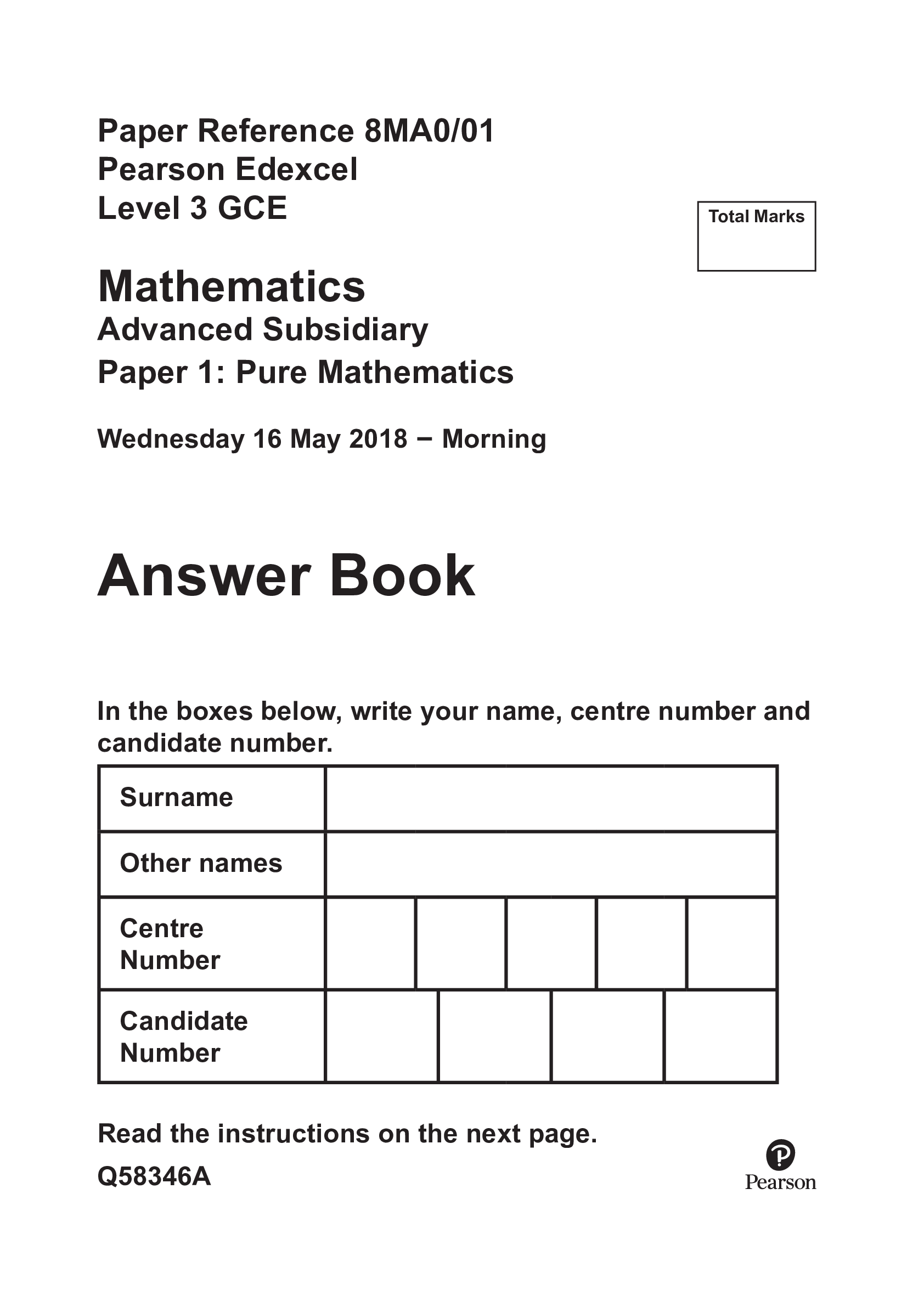 Mathematics Advanced Subsidiary Paper 1: Answer Book