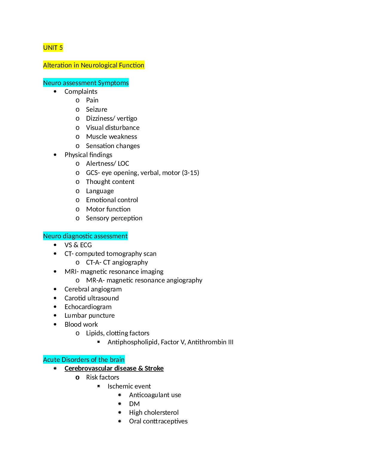 UNIT 5 Alteration in Neurological Function