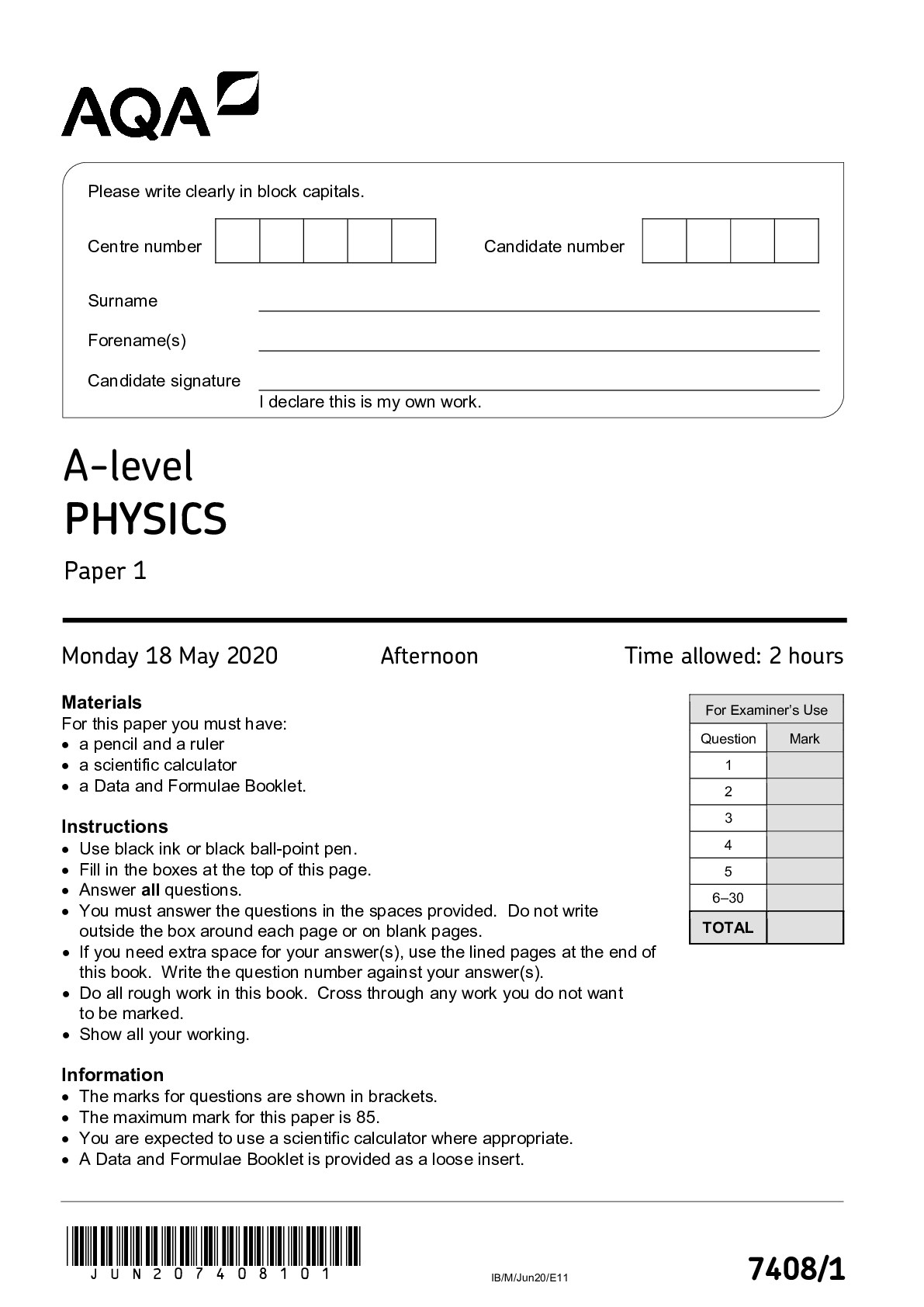 A-level PHYSICS Paper 1, questions