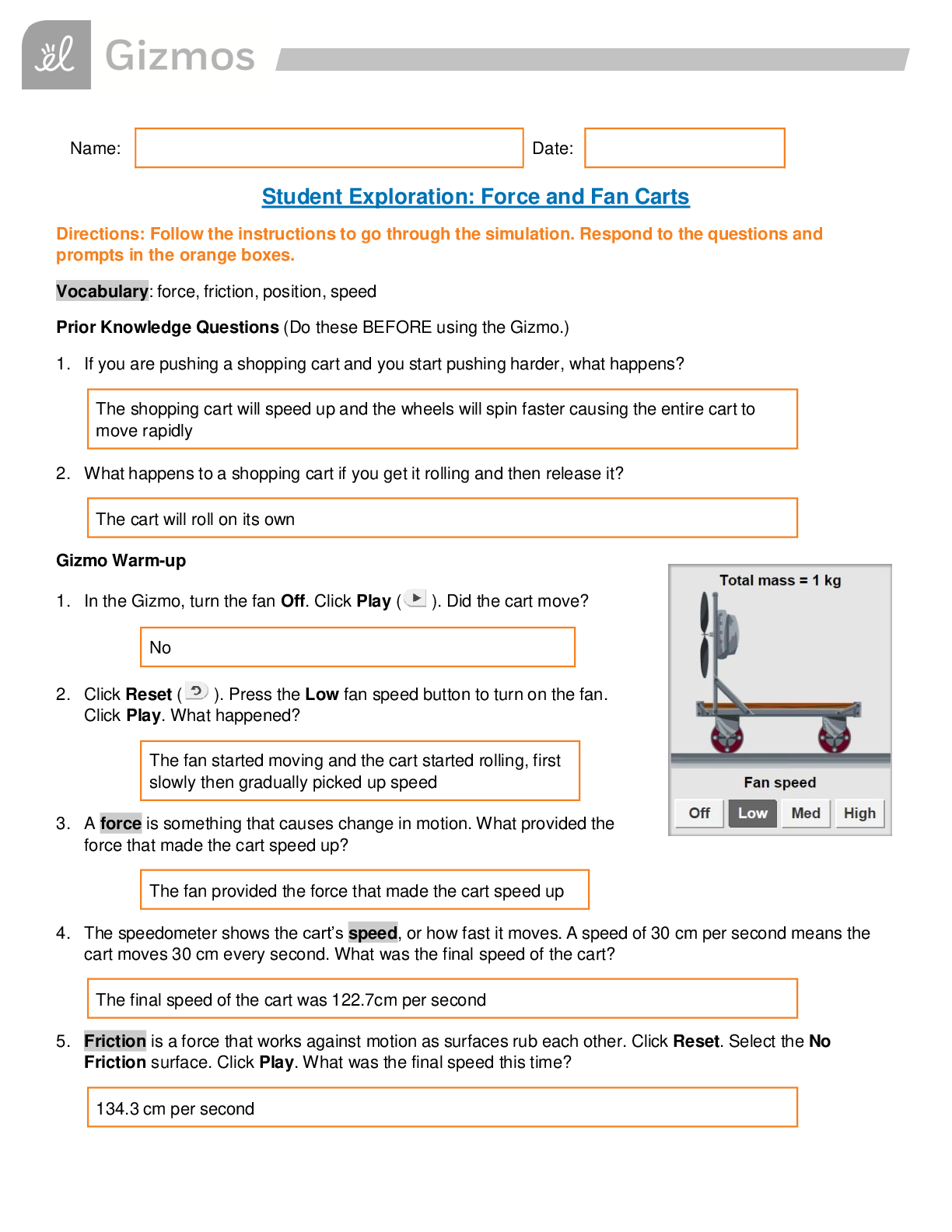 Student Exploration: Force and Fan Carts