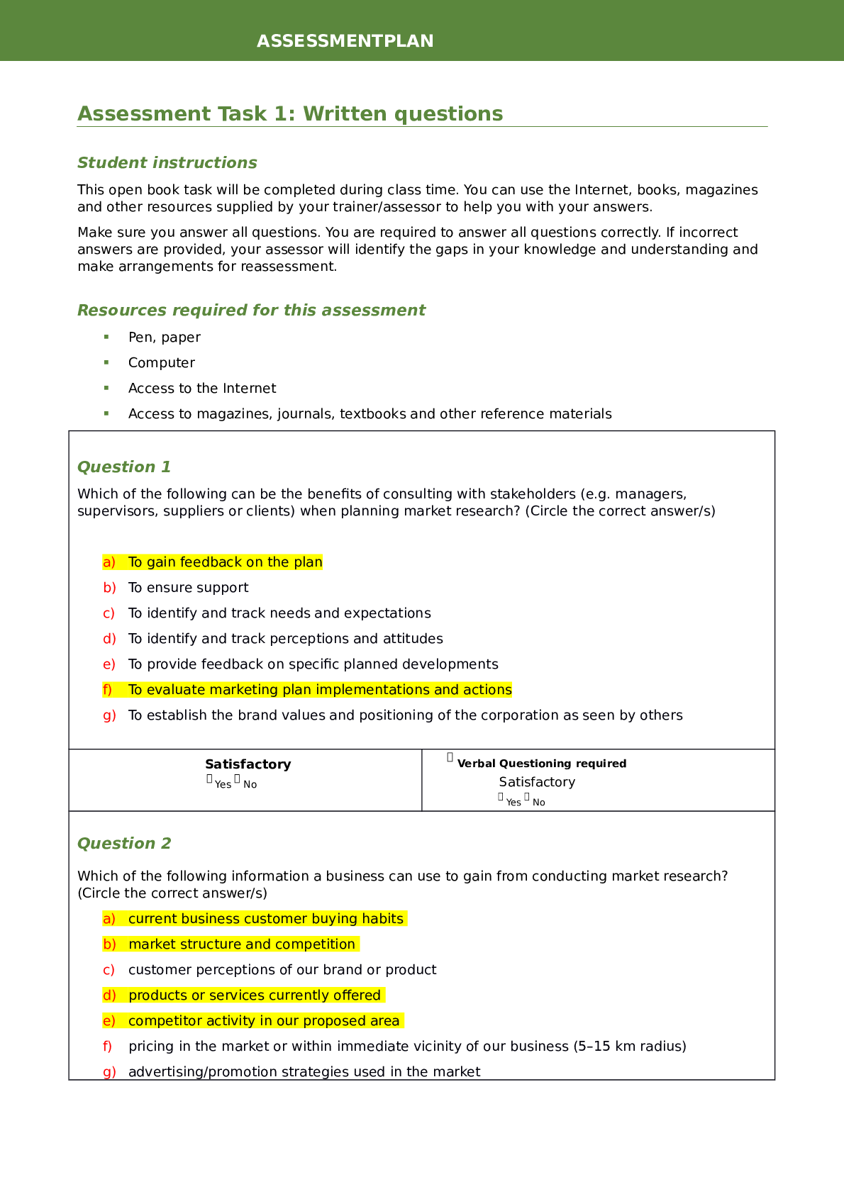 Assessment Plan Task 1: Written questions