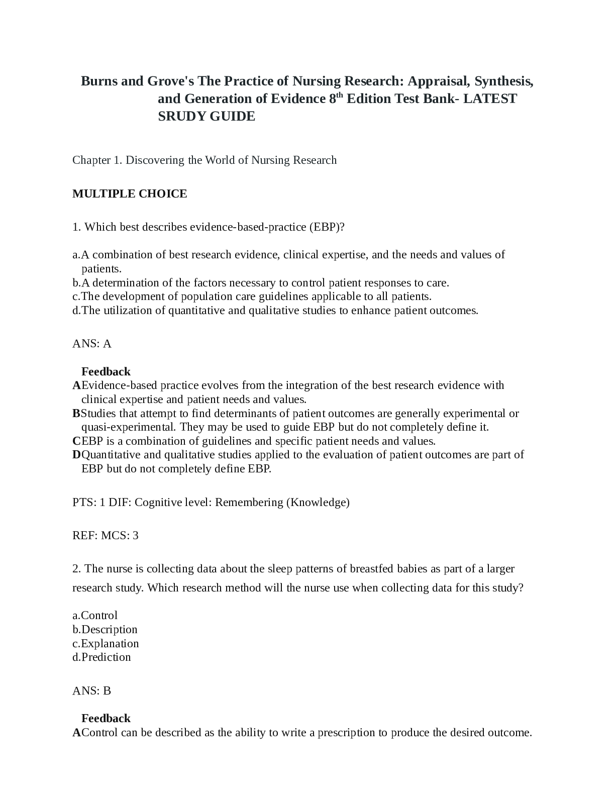 Burns and Grove's The Practice of Nursing Research: Appraisal, Synthesis, and Generation of Evidence 8th Edition Test Bank- LATEST SRUDY GUIDE