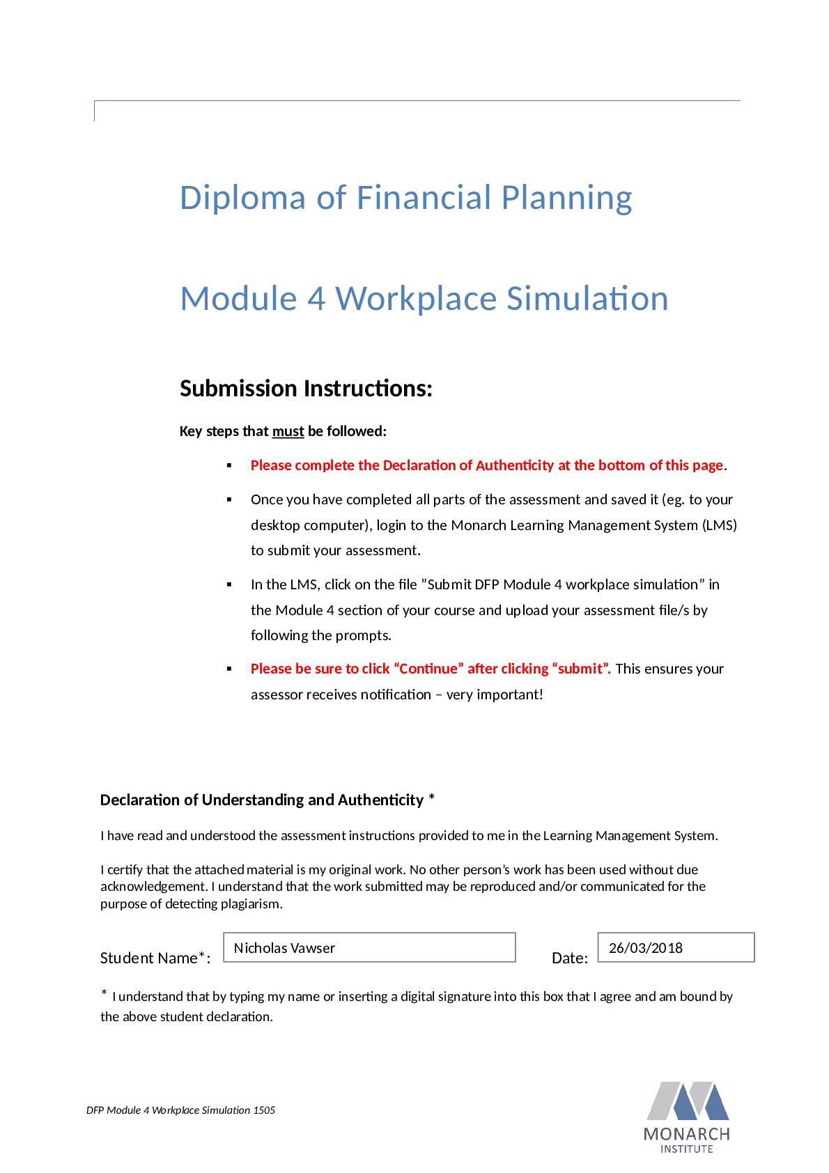 Diploma of Financial Planning Module 4 Workplace Simulation