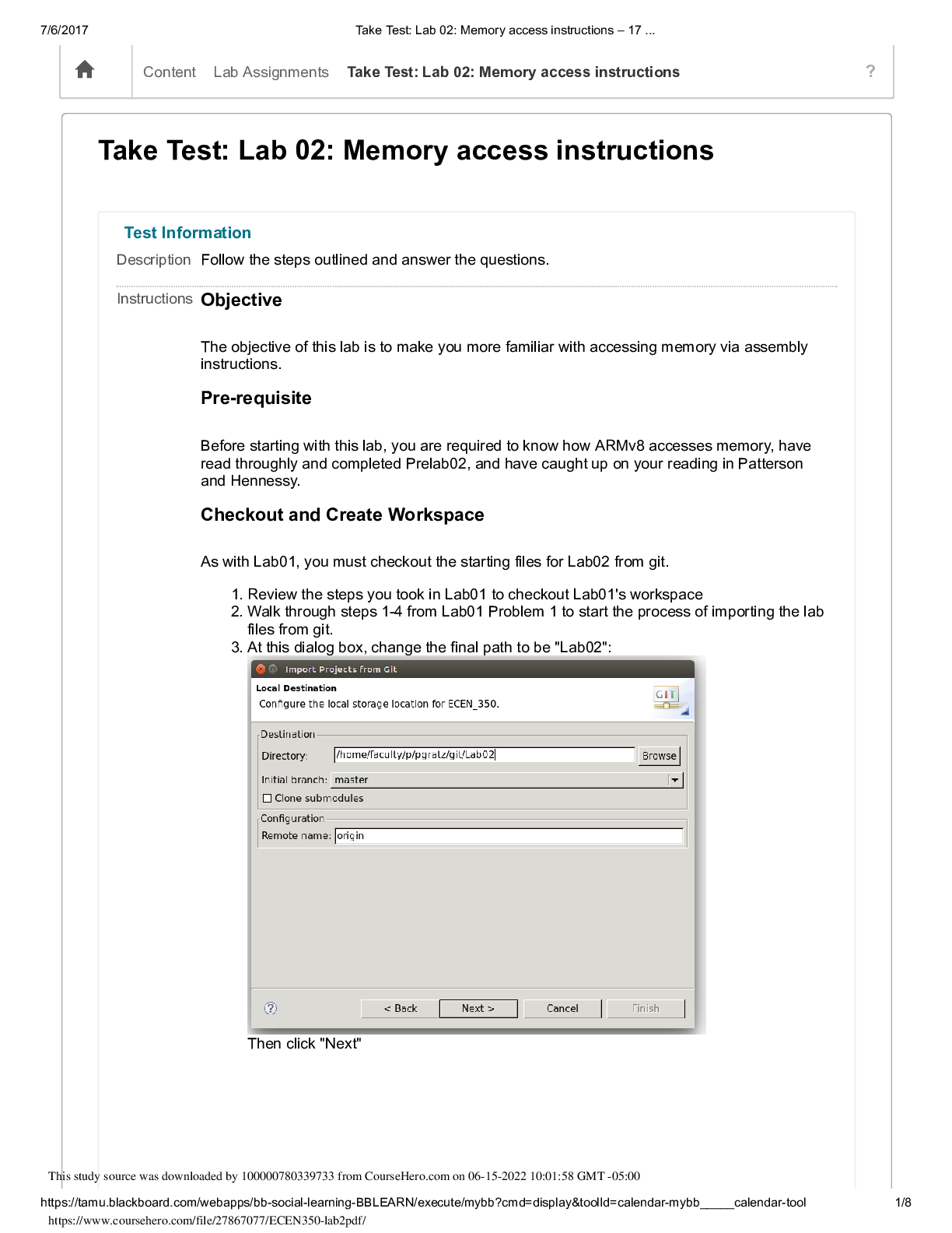 Memory access instructions Take Test  ECEN350 Lab 02