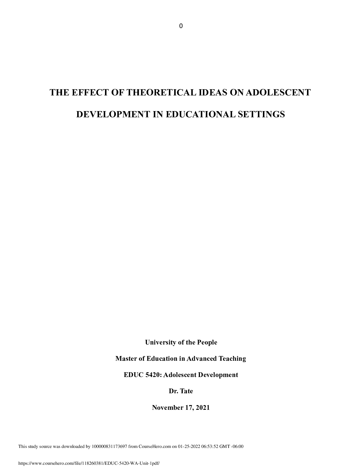 EDUC 5420: Adolescent Development in Education