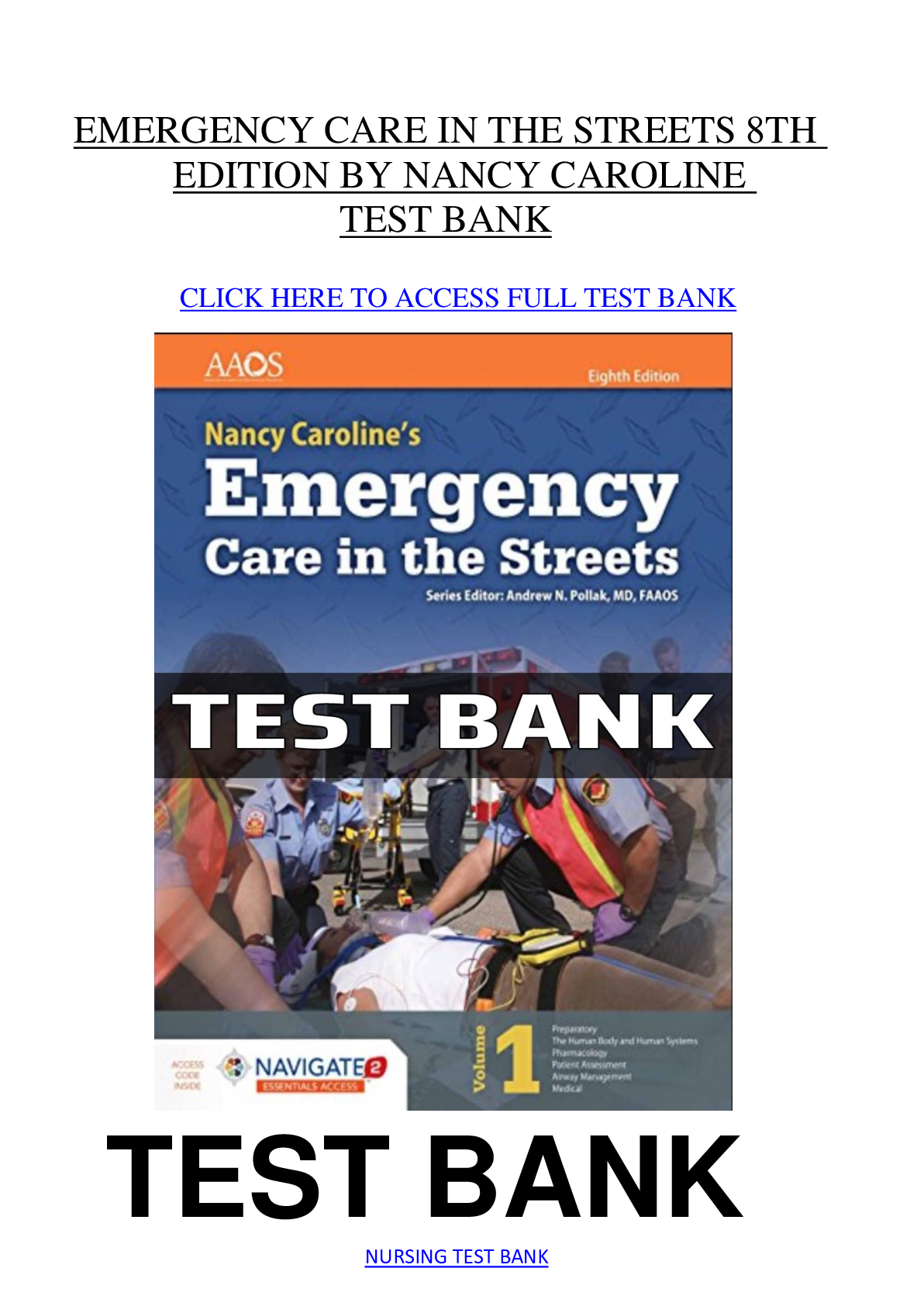 EMERGENCY CARE IN THE STREETS 8TH EDITION   TEST BANK