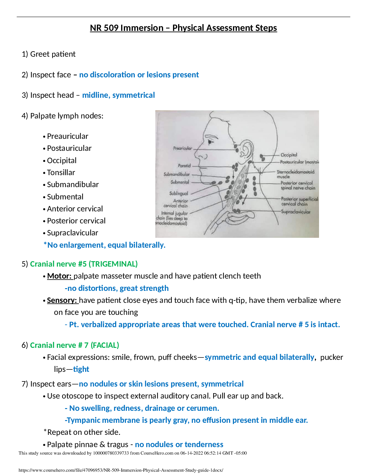 NR 509 Immersion – Physical Assessment Sudy guide