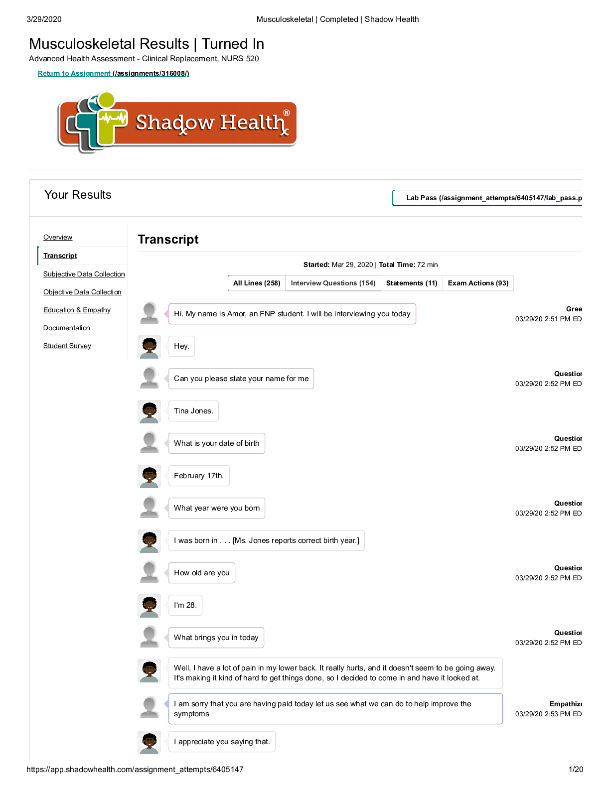 Musculoskeletal Results | Turned InAdvanced Health Assessment - Clinical Replacement, NURS 520