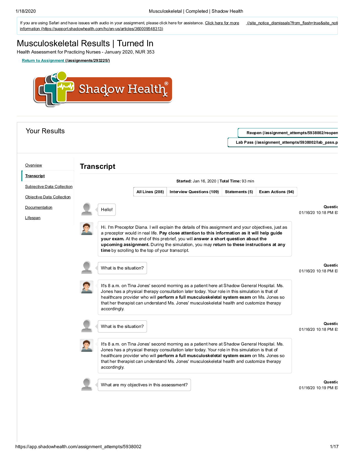 Tina Jones Musculoskeletal Transcript Shadow Health