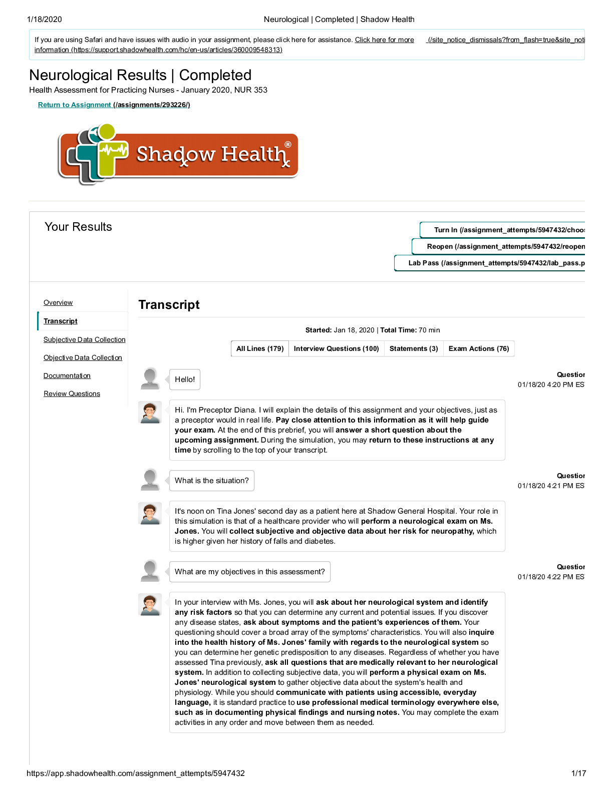 Neurological Results | Completed Health Assessment for Practicing Nurses - January 2020, NUR 353