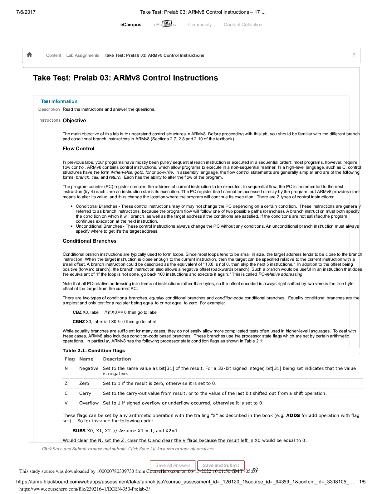 Prelab 03  ARMv8 Control Instructions 17 Take Test